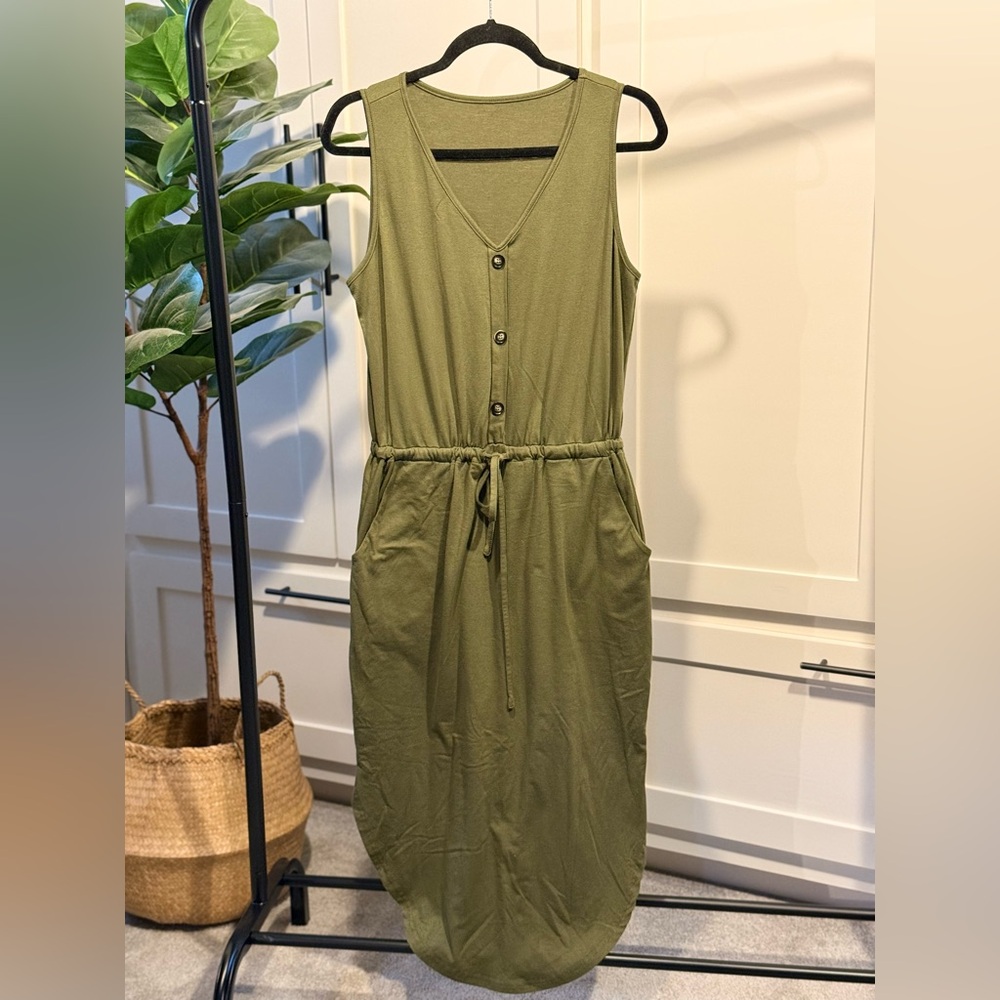 Sleeveless Olive Green Drawstring Midi Dress With Pockets